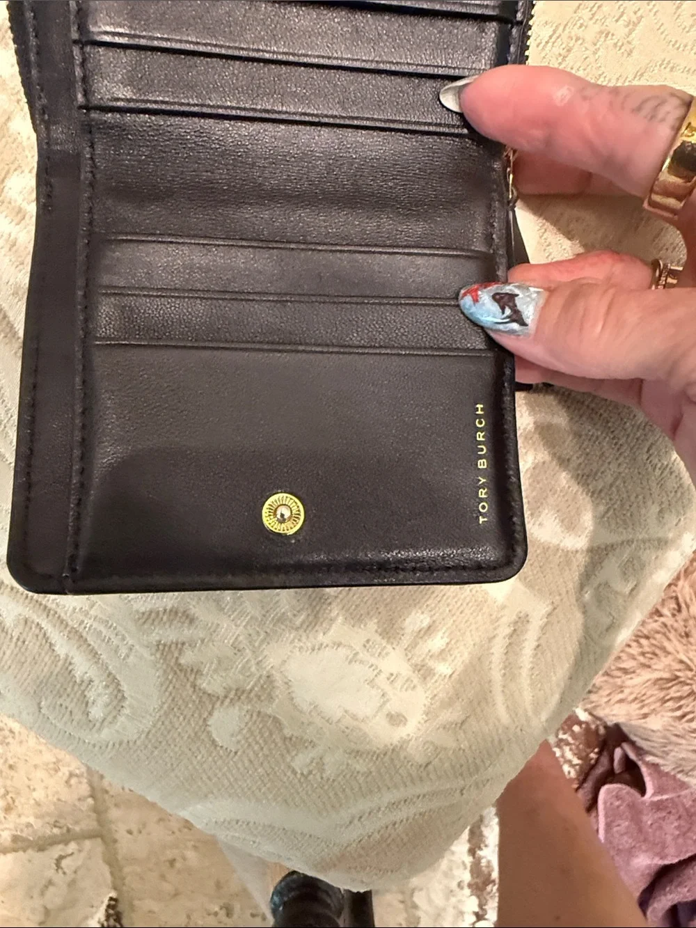 Tory Burch Kira Black Chevron Quilted Leather Bi-fold Wallet Gold Logo